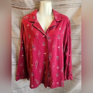 Soma Sleep “Prosecco Please” Pajama Top Wine Print Button Down Burgundy XL